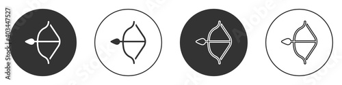 Black Medieval bow and arrow icon isolated on white background. Medieval weapon. Circle button. Vector.