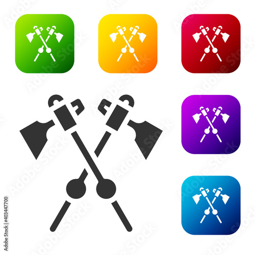 Black Crossed medieval axes icon isolated on white background. Battle axe, executioner axe. Medieval weapon. Set icons in color square buttons. Vector.