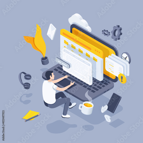 isometric vector illustration on gray background, man working at laptop, profession of a programmer or remote work via the Internet
