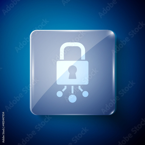 White Cyber security icon isolated on blue background. Closed padlock on digital circuit board. Safety concept. Digital data protection. Square glass panels. Vector.