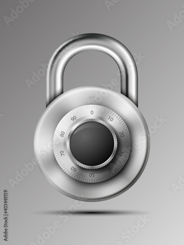 realistic closed padlock. Steel Mechanical Combination lock. Privacy padlock illustration. Enter the PIN code. Electronic lock icon. Reliable Protection padlock badge. Code combination symbol