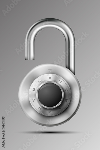 realistic opened padlock. Steel Mechanical Combination lock. Privacy padlock illustration. Enter the PIN code. Electronic open lock icon. Reliable padlock Protection badge. Code combination symbol