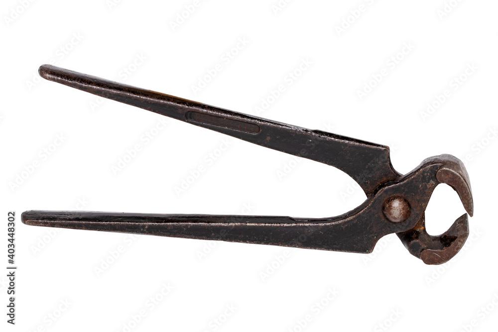 Carpenter tools isolated. Old open rusty pinching pliers to used for removing nails from wood. Clipping path. Macro of vintage tools. Carpenter tools isolated. Old open rusty pinching pliers to used for removing nails from wood. Clipping path. Macro of vintage tools.