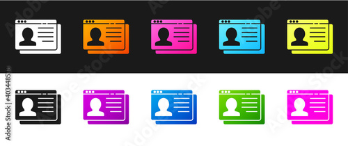 Set Resume icon isolated on black and white background. CV application. Searching professional staff. Analyzing personnel resume. Vector.