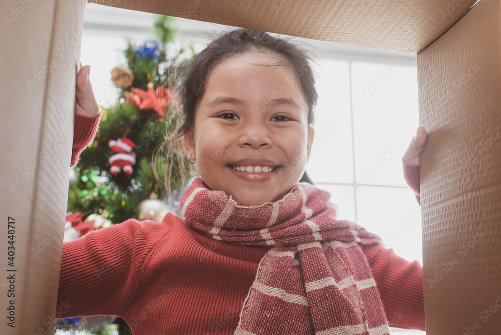 merry christmas and happy holidays. cheerful cute child girl opening a christmas present. little kid having fun near christmas tree indoors. view from inside of the box. merry christmas and happy holidays. cheerful cute child girl opening a christmas present. little kid having fun near christmas tree indoors. view from inside of the box.