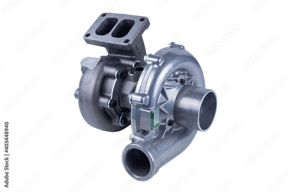 new modern truck turbocharger isolated on white background. turbocharger to increase the power of the car engine.
