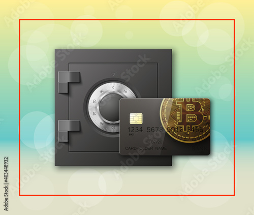 Credit card bitcoin & Electronic lock. Bank door card & combination lock front side banner. Plastic card & steel safe. Debit card & electromagnetic locking chip. Digital currency money Online payment