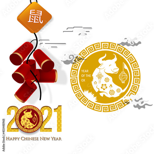 2021 Chinese New Year Greeting Card. Year of the Ox. Chinese New-Year. Paper cut with Ox and Flowers. gong xi fa cai 2021. Hieroglyph - Zodiac Sign Ox. Place for your Text.