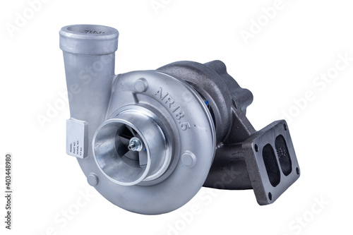 new modern truck turbocharger isolated on white background. turbocharger to increase the power of the car engine.