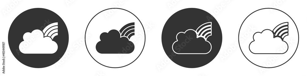 Black Rainbow with clouds icon isolated on white background. Circle button. Vector. Black Rainbow with clouds icon isolated on white background. Circle button. Vector.