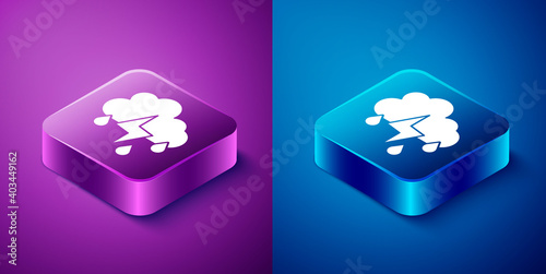 Isometric Cloud with rain and lightning icon isolated on blue and purple background. Rain cloud precipitation with rain drops.Weather icon of storm. Square button. Vector.