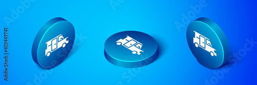Isometric Minibus icon isolated on blue background. Blue circle button. Vector.