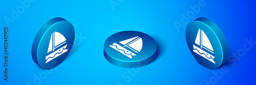 Isometric Yacht sailboat or sailing ship icon isolated on blue background. Sail boat marine cruise travel. Blue circle button. Vector.