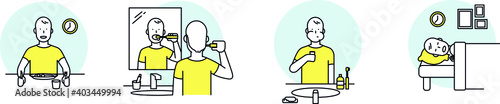 Teeth care daily routine. Daily life illustration : the dental care of a man, between dinner and bed.