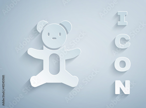 Paper cut Teddy bear plush toy icon isolated on grey background. Paper art style. Vector.