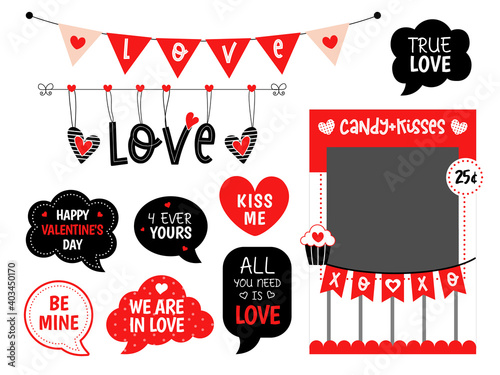 Valentines day party photo booth props. Candy and kisses booth. Love bunting. Speech bubble with text. Selfie photobooth. 