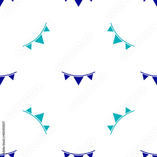 Blue Carnival garland with flags icon isolated seamless pattern on white background. Party pennants for birthday celebration, festival decoration. Vector.