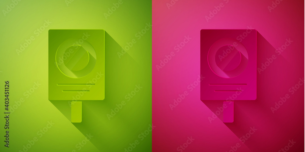 Paper cut Protest icon isolated on green and pink background. Meeting, protester, picket, speech, banner, protest placard, petition, leader, leaflet. Paper art style. Vector. Paper cut Protest icon isolated on green and pink background. Meeting, protester, picket, speech, banner, protest placard, petition, leader, leaflet. Paper art style. Vector.
