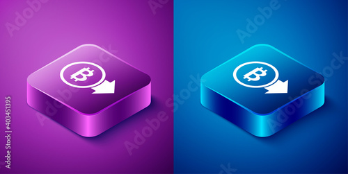 Isometric Cryptocurrency coin Bitcoin icon isolated on blue and purple background. Physical bit coin. Blockchain based secure crypto currency. Square button. Vector.