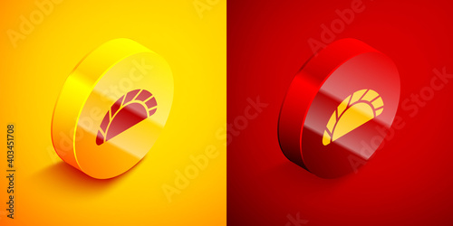 Isometric Dumpling icon isolated on orange and red background. Traditional chinese dish. Circle button. Vector.