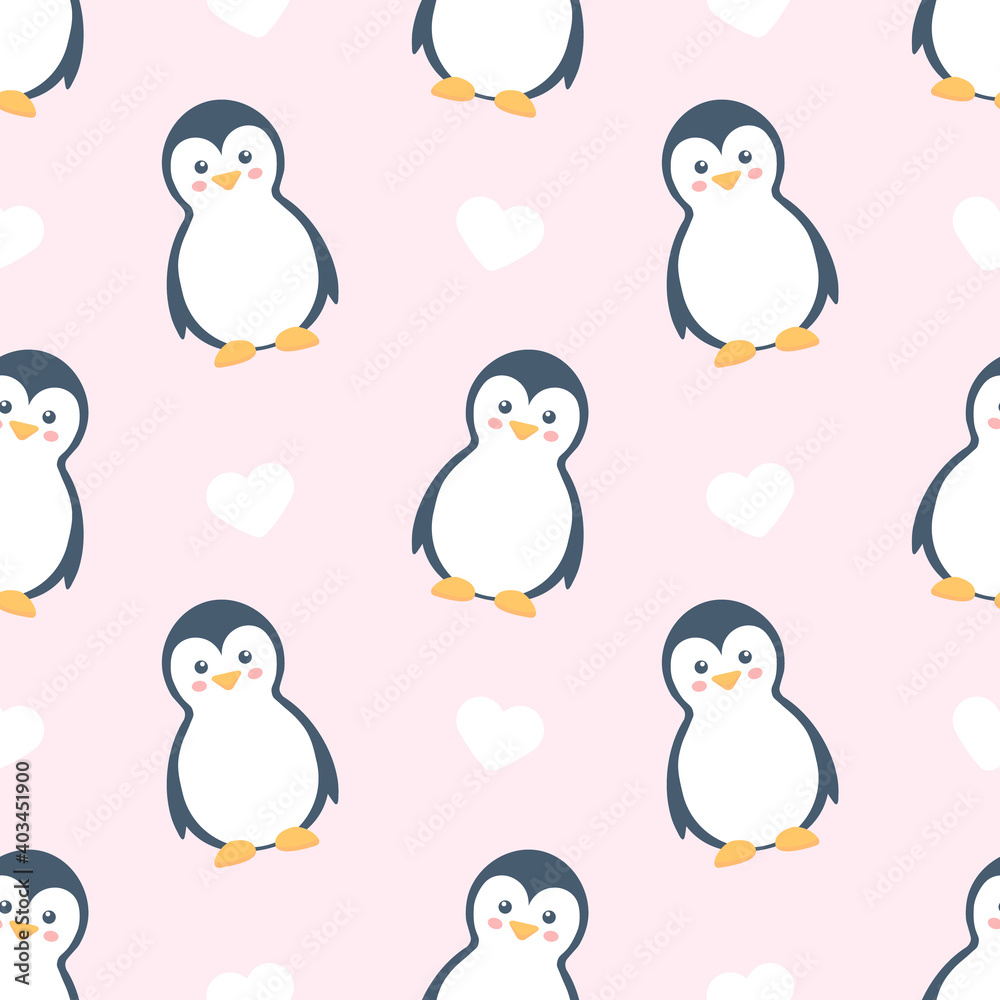 Fototapeta premium Penguins seamless pattern. Vector cute illustration pink background
