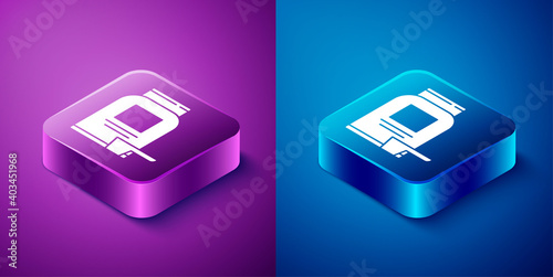 Isometric Sports nutrition bodybuilding proteine power drink and food icon isolated on blue and purple background. Square button. Vector.