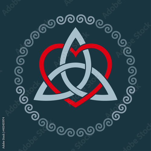 Colored triquetra with heart symbol within a circular spiral frame. Triangular Celtic knot, figure used in ancient Christian ornamentation, surrounded by border of double spirals. Illustration. Vector