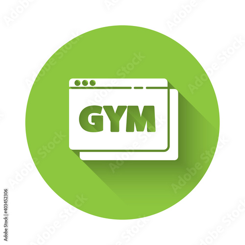 White Online fitness and training icon isolated with long shadow. Green circle button. Vector.