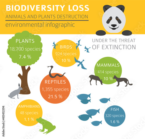 Global environmental problems. Biodiversiry loss infographic. Plants and animals destruction. Vector illustration