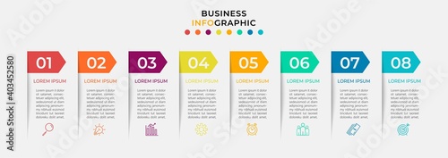 Minimal Business Infographics template. Timeline with 8 eight steps, options and marketing icons .Vector linear infographic with two circle conected elements. Can be use for presentation. Eps10 vector