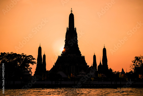 Close up silhouette of Wat Arun  Temple at sunset in Bangkok Thailand