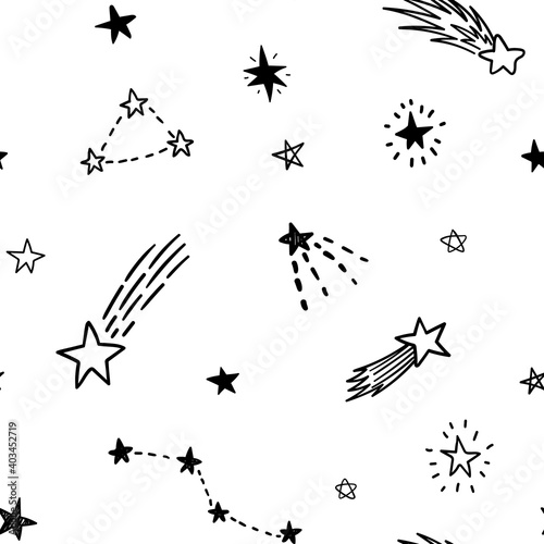 Seamless pattern. Vector doodle stars, comet and constellations on white background