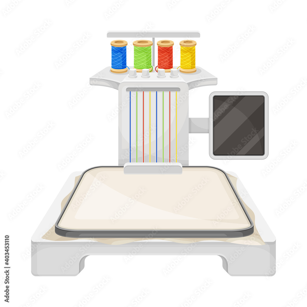 Embroidery Machine for Creating Patterns on Textiles and Canvas Vector