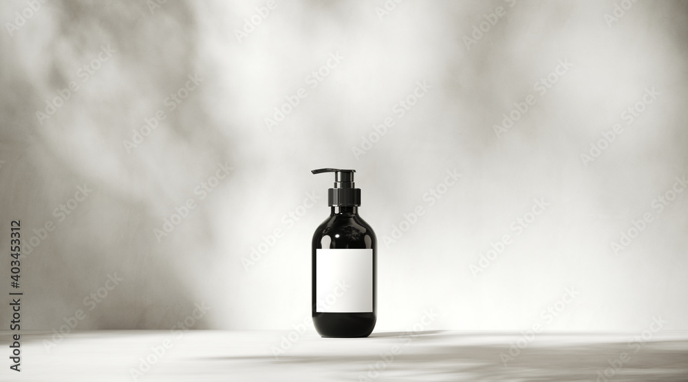 Minimal abstract background for product presentation. Cosmetic bottle and sunshade shadow on white plaster wall. 3d render illustration. Clipping path of each element included. - obrazy, fototapety, plakaty 