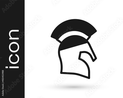 Black Greek helmet icon isolated on white background. Antiques helmet for head protection soldiers with a crest of feathers or horsehair. Vector.