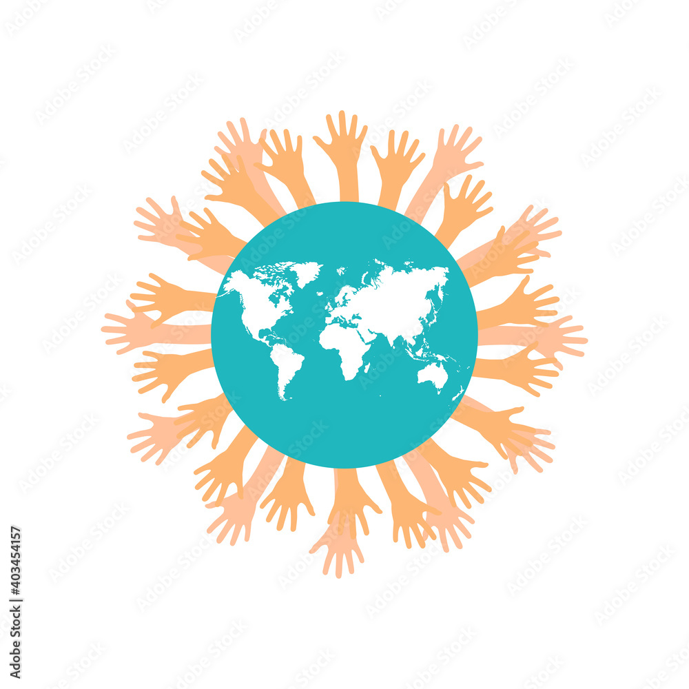 Planet earth and hand, multicolored design of peace and unity. Vector illustration