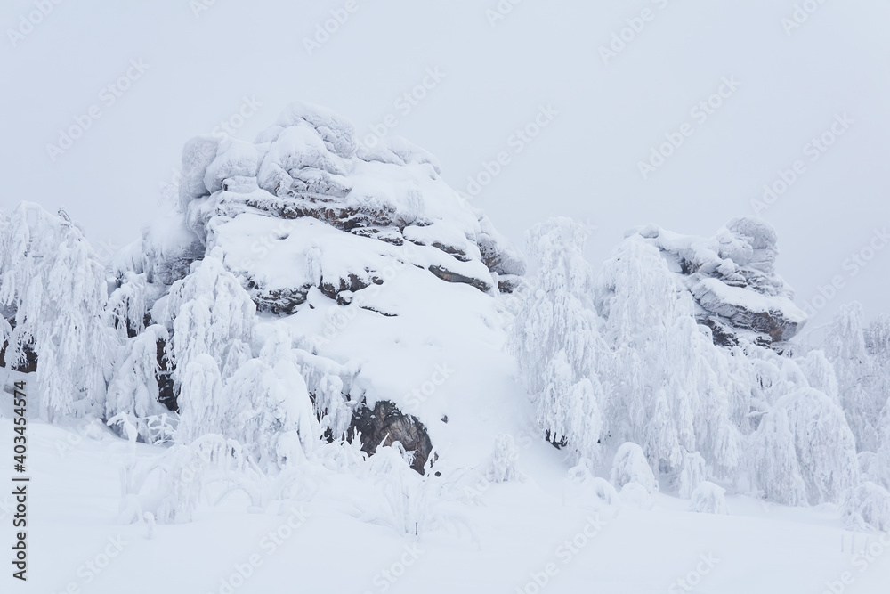 huge snow-covered rock and frost-covered trees on a mountain pass in winter