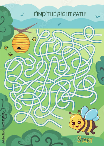 Children maze with cute bee. Kids labyrinth game and activity page. Find the right path. Funny riddle. Education developing worksheet. Bee character birthday decor. Vector illustration.