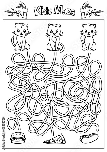 Kids maze coloring page. Kids game with cute cats. Activity page. Find the right path. Funny riddle. Education worksheet. Vector illustration.