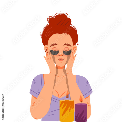 Girl Engaged in Cosmetic Treatment Applying Eye Patches Vector Illustration