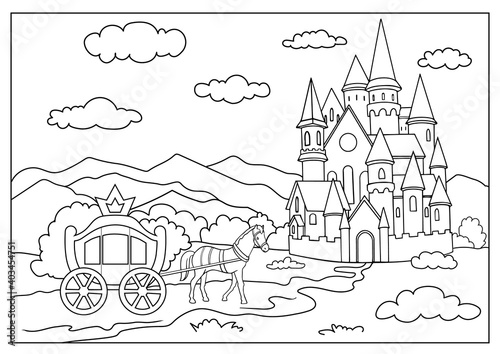 Coloring page for book. Coloring landscape with carriage goo to castle. Kids activity worksheet. Drawing fairytale landscape. Children art game. Vector illustration.