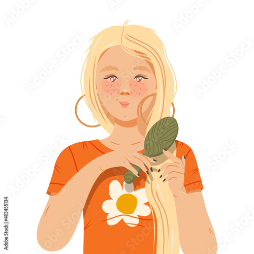 Blond Freckled Girl Brushing Her Hair Vector Illustration