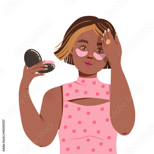 Girl Engaged in Cosmetic Treatment Applying Eye Patches Vector Illustration