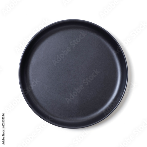 Black plate, empty dish isolated on white background, clipping path, closeup dishware round ceramic, top view