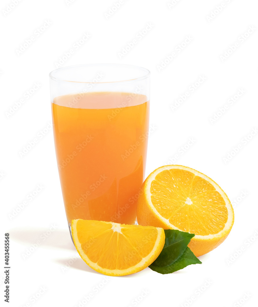 Glass of fresh orange juice with fruits cut in half and sliced with green leaf isolated on white background Glass of fresh orange juice with fruits cut in half and sliced with green leaf isolated on white background