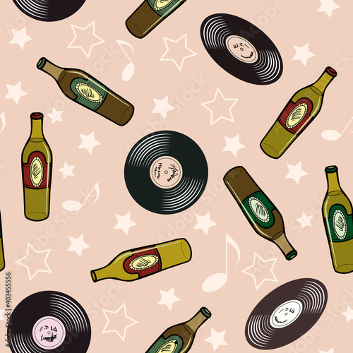 A vector seamless pattern with a vinyl records and beer bottles in a doodle style.
