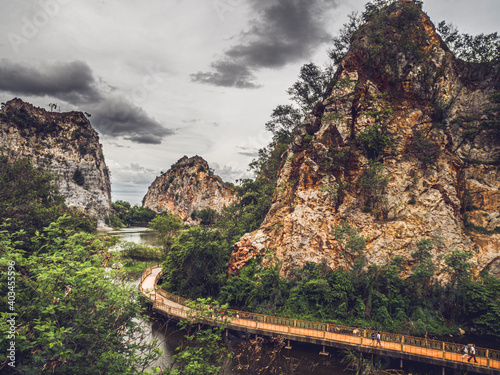 bridge  lake  rock mountain  thailand  tranquil  public park  attractions  national park  tourist attractions  asia  background  water  reflection  tourist  scenery  natural  landmark  ratchaburi  env