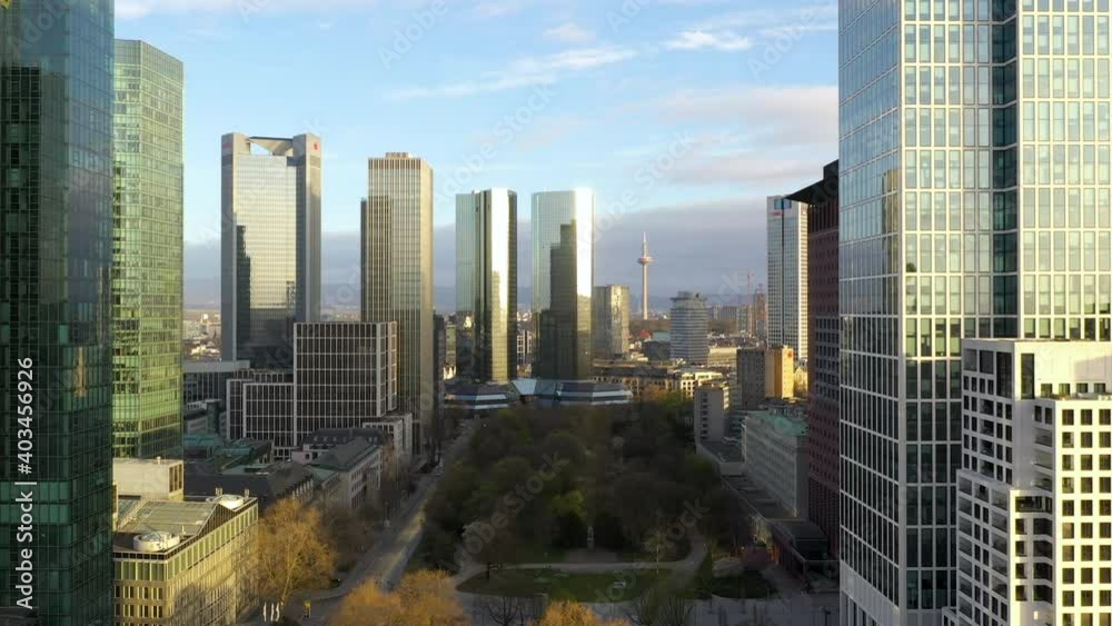 Arial shot of financial district Frankfurt between skyscraper