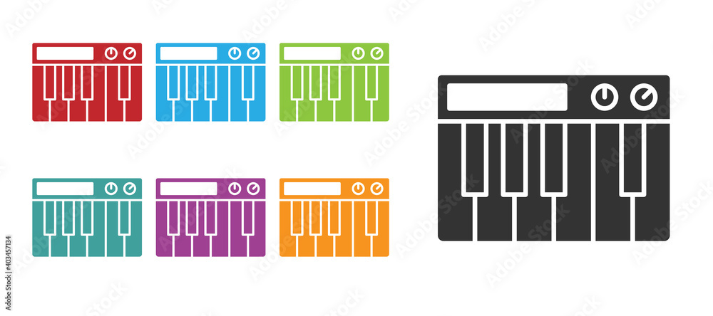 Black Music synthesizer icon isolated on white background. Electronic piano. Set icons colorful. Vector. Black Music synthesizer icon isolated on white background. Electronic piano. Set icons colorful. Vector.
