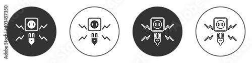 Black Connecting electric plug with electricity spark icon isolated on white background. Circle button. Vector.